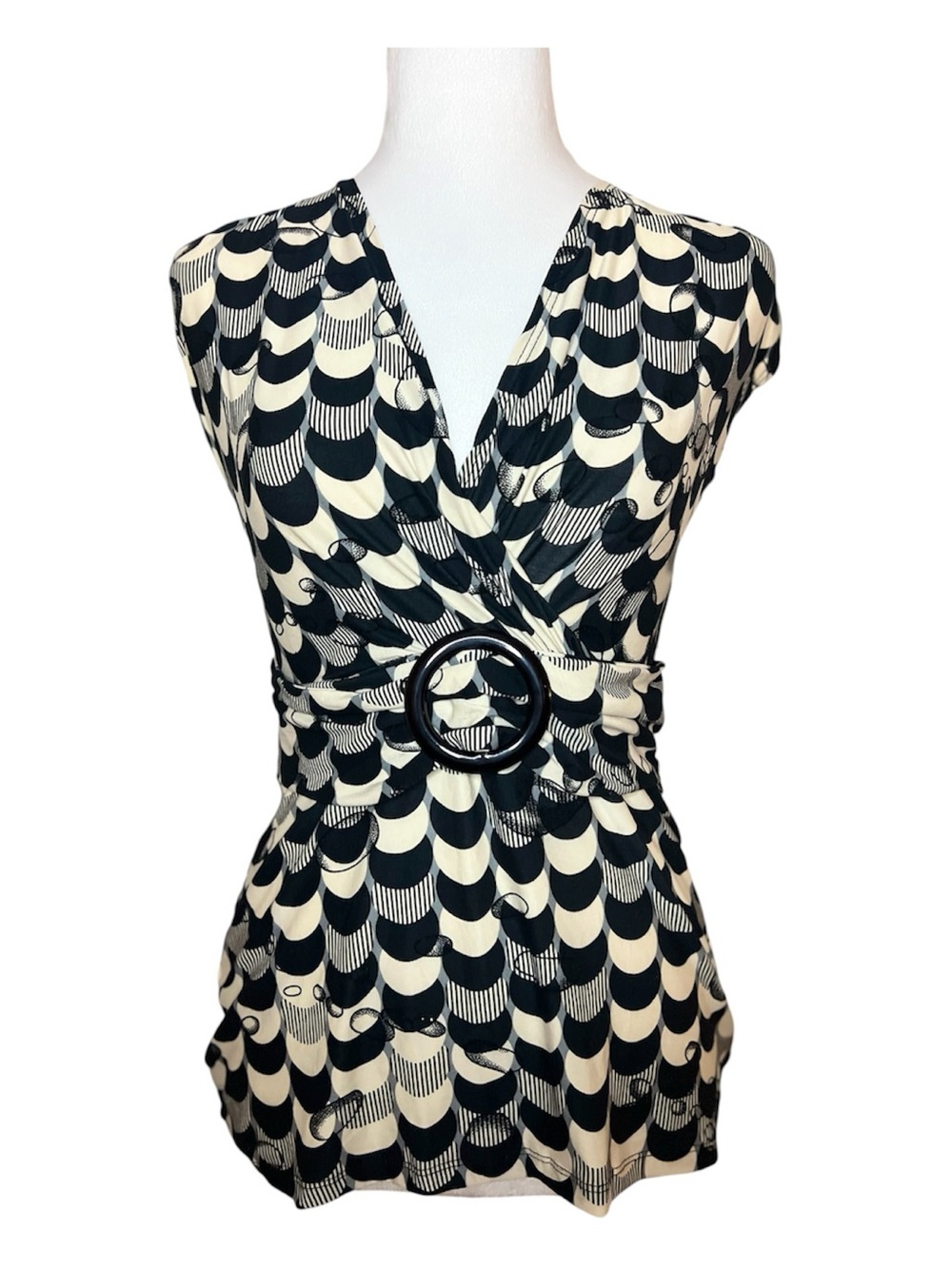 y2k Suzy Shier Black & Cream Wrap-Front Belted Tank Small
